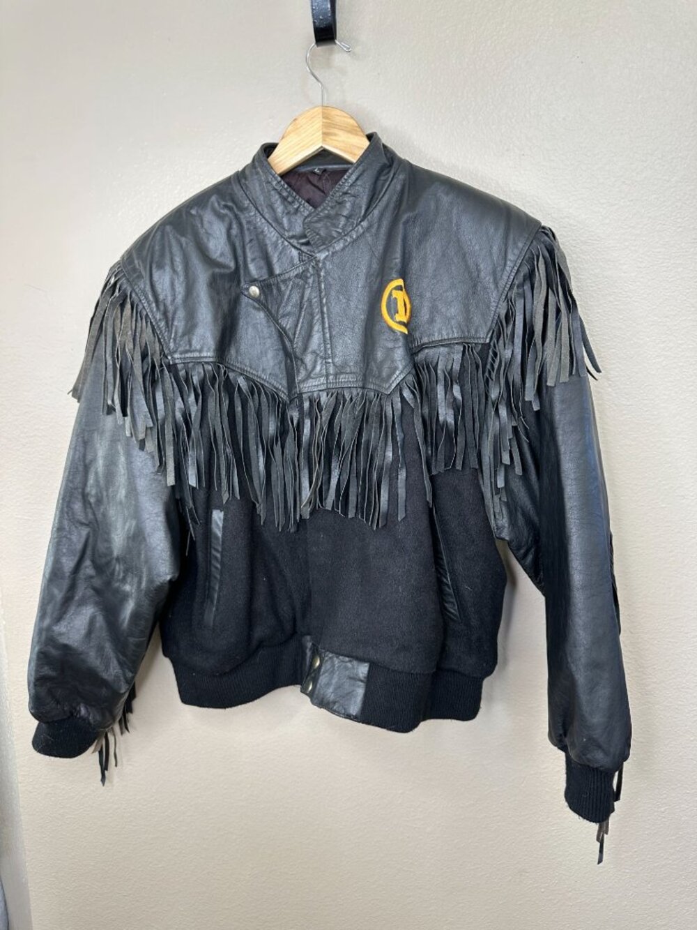 Vintage Black Leather Fringe Biker Jacket Embroidered Posse Logo L Western Style
